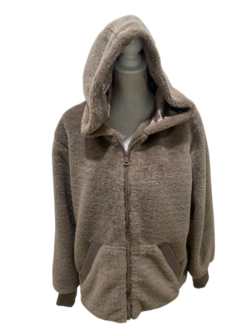 NWT Bernardo taupe faux fur hooded zip jacket outerwear lined size large